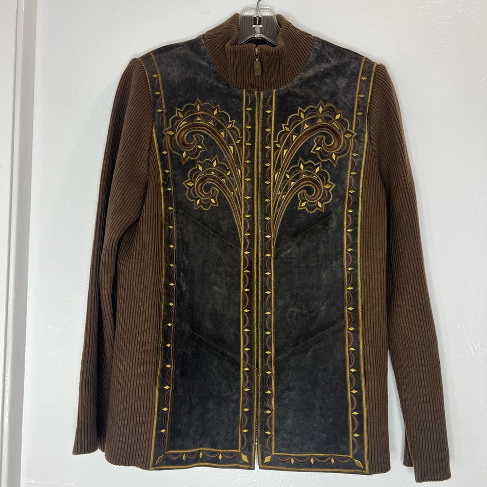 Vintage Bob Mackie Wearable Art cardigan embroidered suede & knit zip up Small